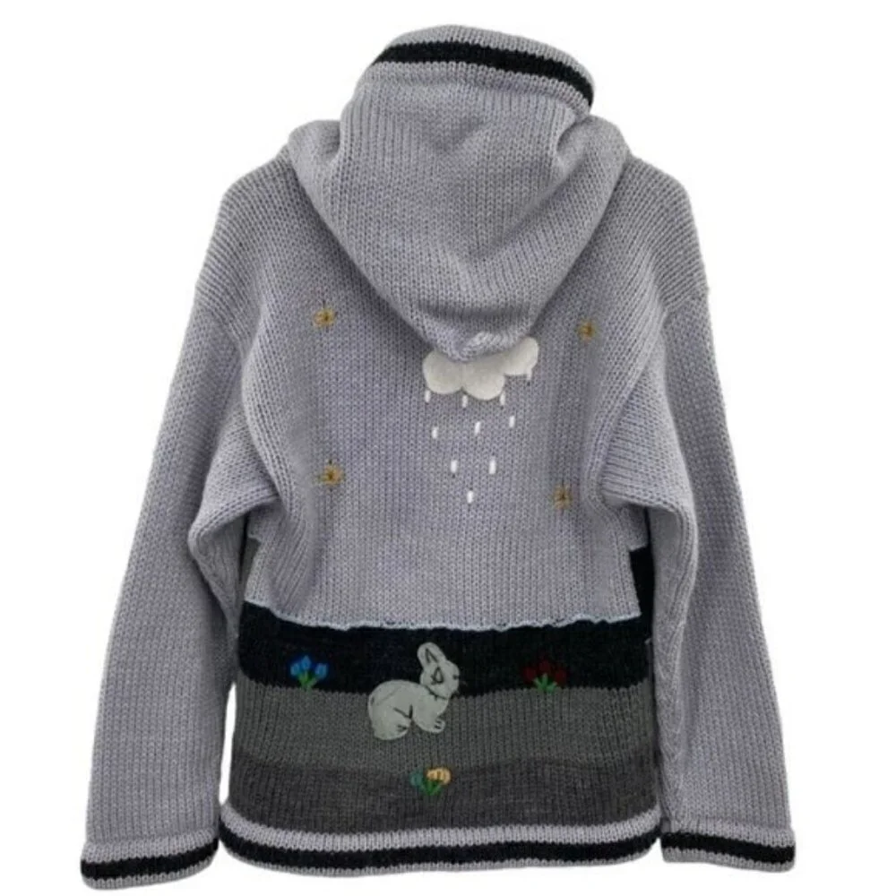 Alpaca Connection Kids Peruvian Zip Up Embroidered Hooded Cardigan Sweater